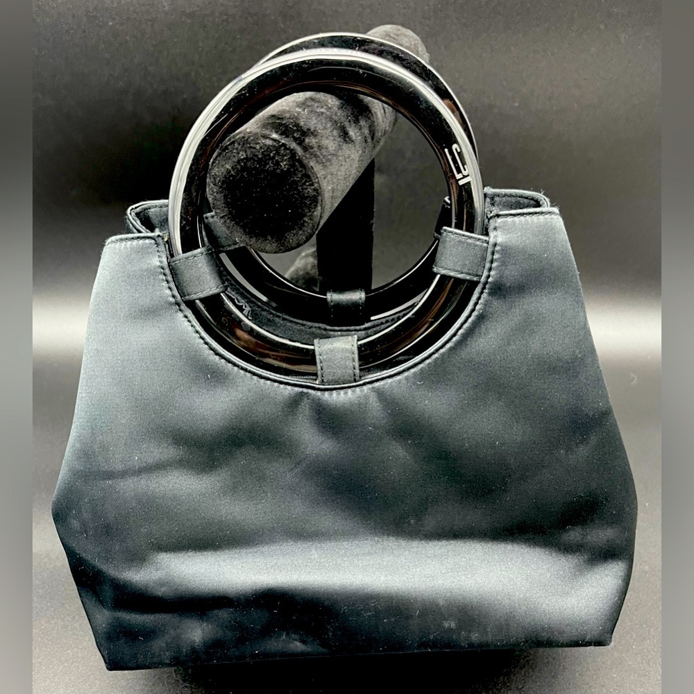 Vintage Black Satin Liz Claiborne evening bag with circle handles marked “LC”